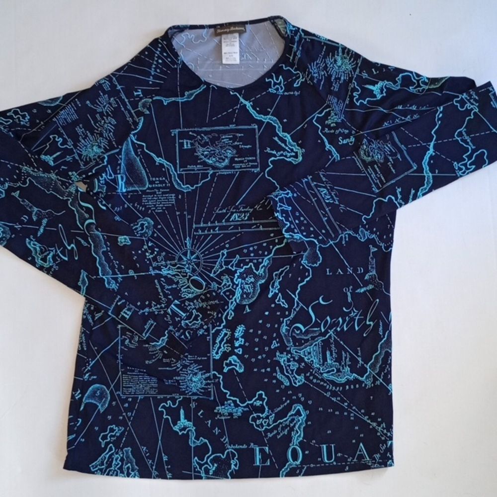 XL Vintage Tommy Bahama Navy Nautical Map Long Sleeve Swim T- Shirt Destination